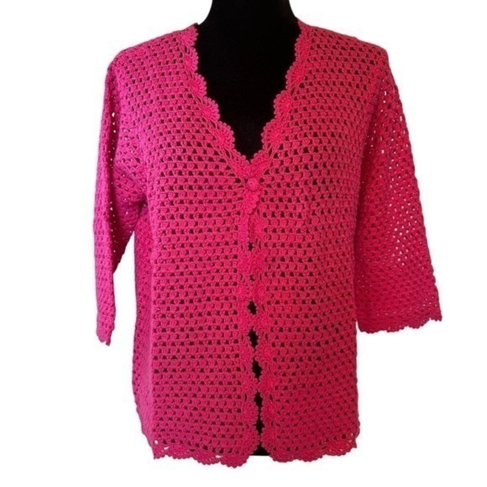 NWT Norm Thompson Raspberry Pink Crochet‎ Open-Front Cardigan Sweater Size Large
